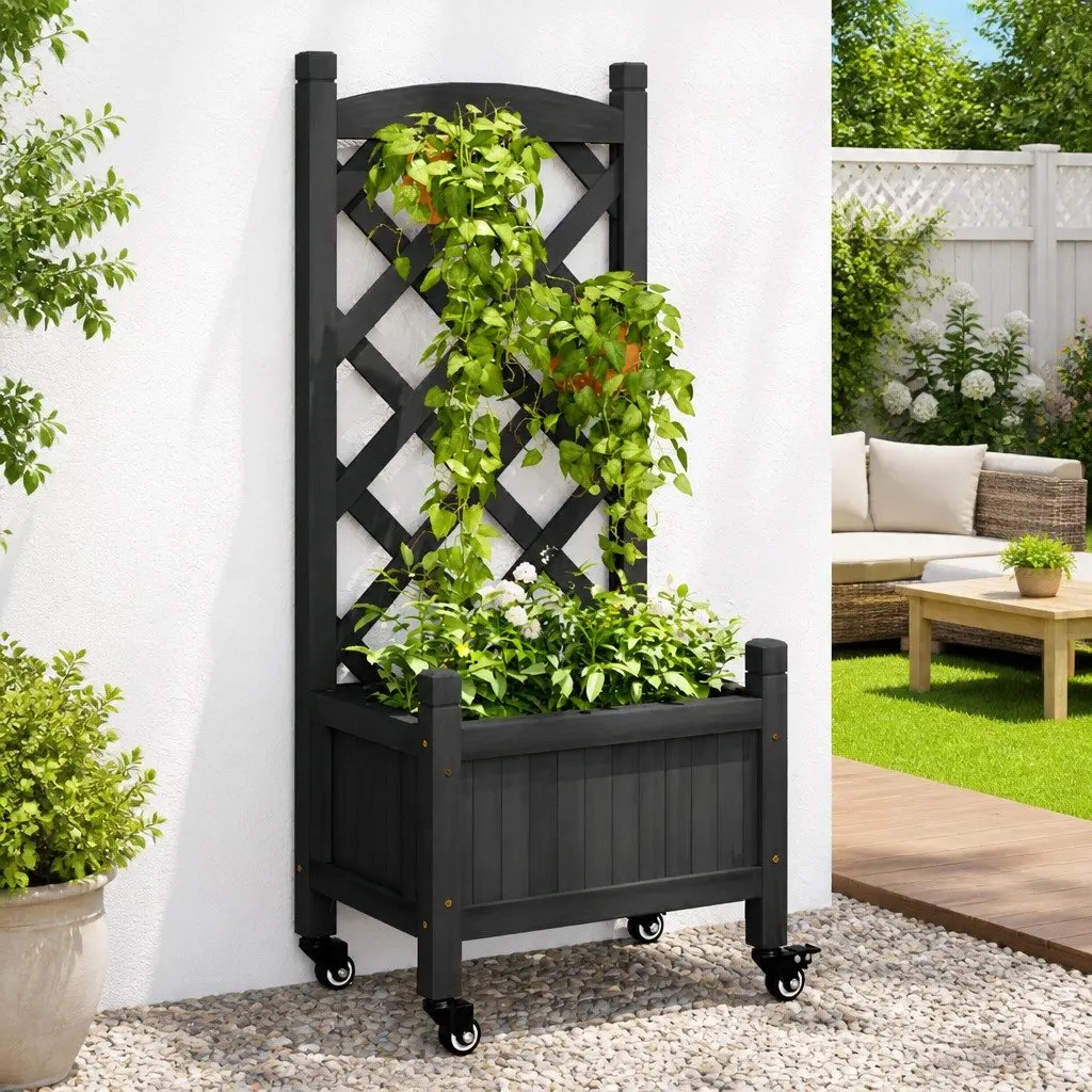 Wooden Planter with Trellis and Wheels Black