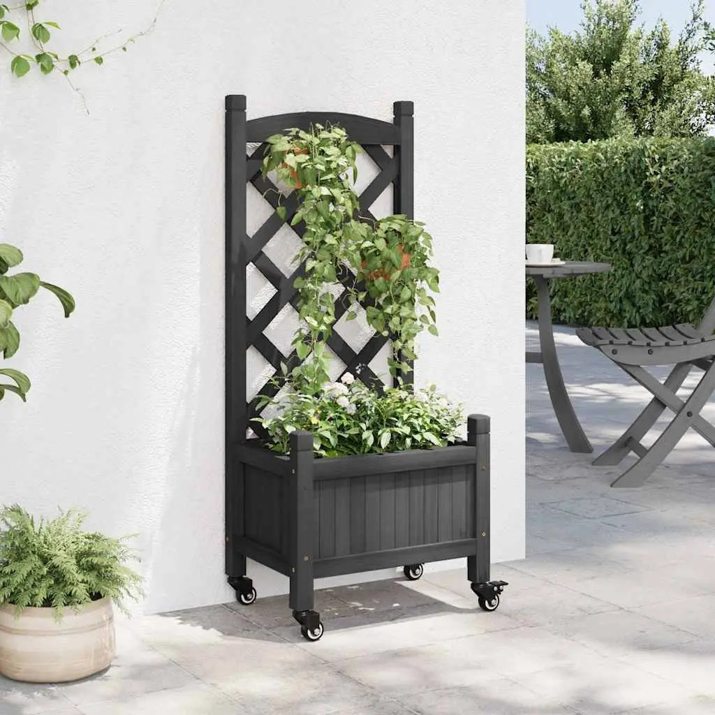 Wooden Planter with Trellis and Wheels Black