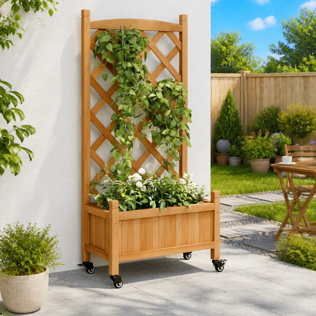 Wooden Planter with Trellis and Wheels Brown Fir Garden Climbing Plants