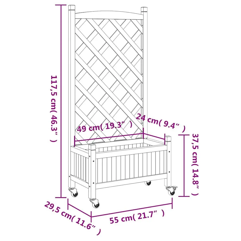 Wooden Planter with Trellis and Wheels Brown Fir Garden Climbing Plants