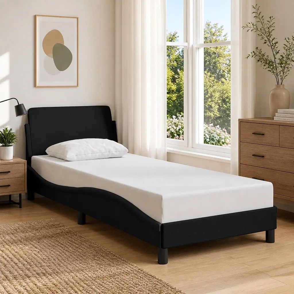 Bed Frame Black Fabric Headboard Slatted Base 90x190 cm