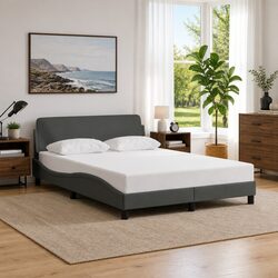 Double Bed Frame Grey Fabric Headboard 137x190 cm Bedroom Furniture Slats