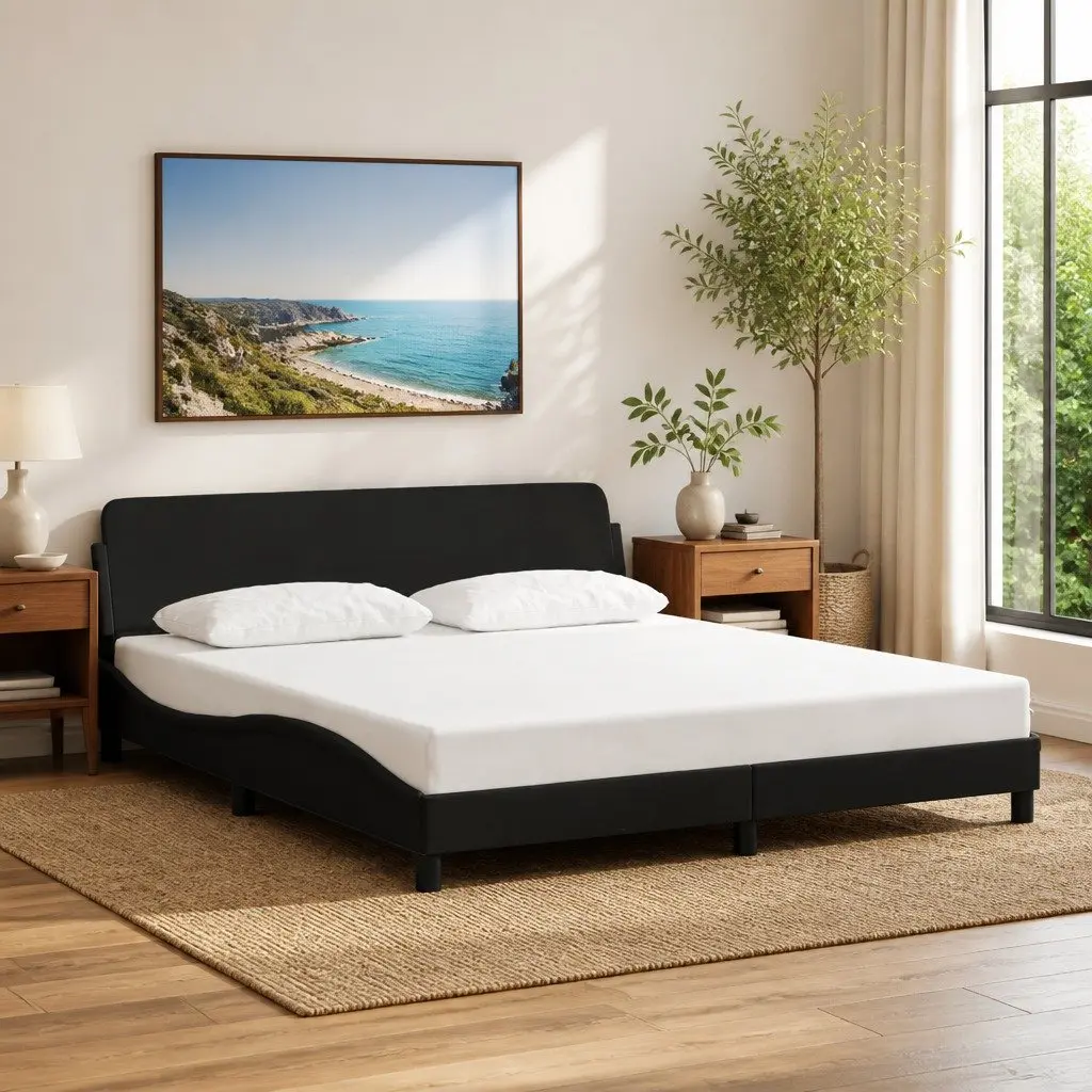 Queen Bed Frame Black Fabric Headboard 152x203cm Bedroom Furniture Upholstered