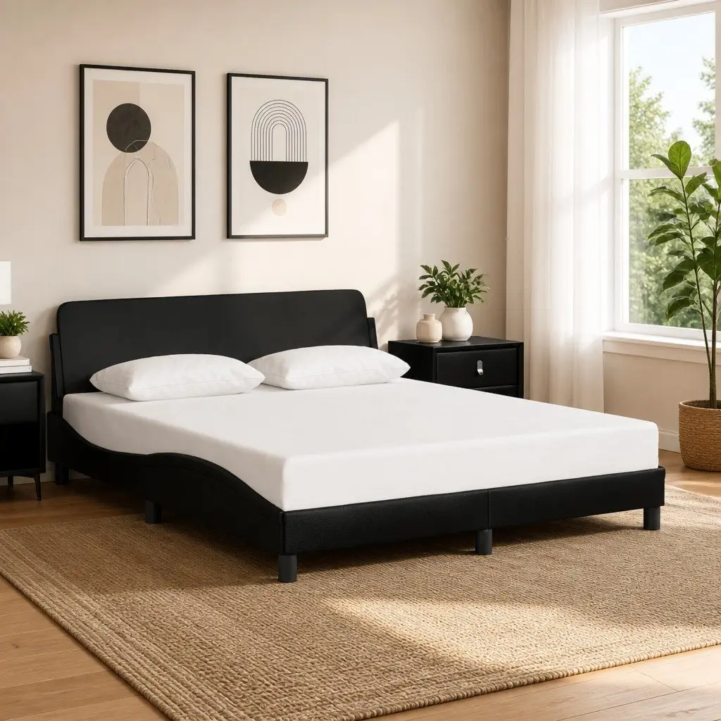 Queen Bed Frame Black Faux Leather with Headboard 152x203cm