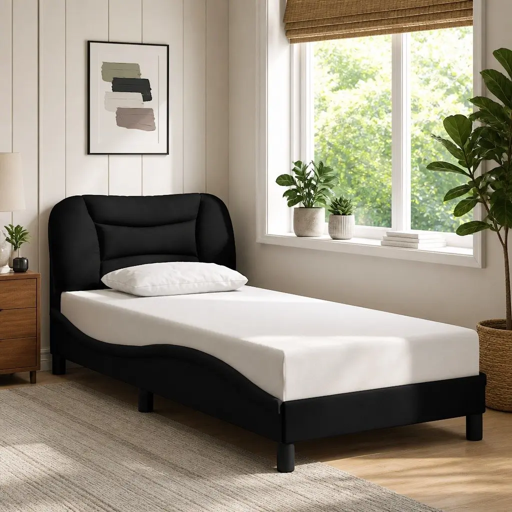 Fabric Bed Frame Black Cushioned Headboard 90x190 cm