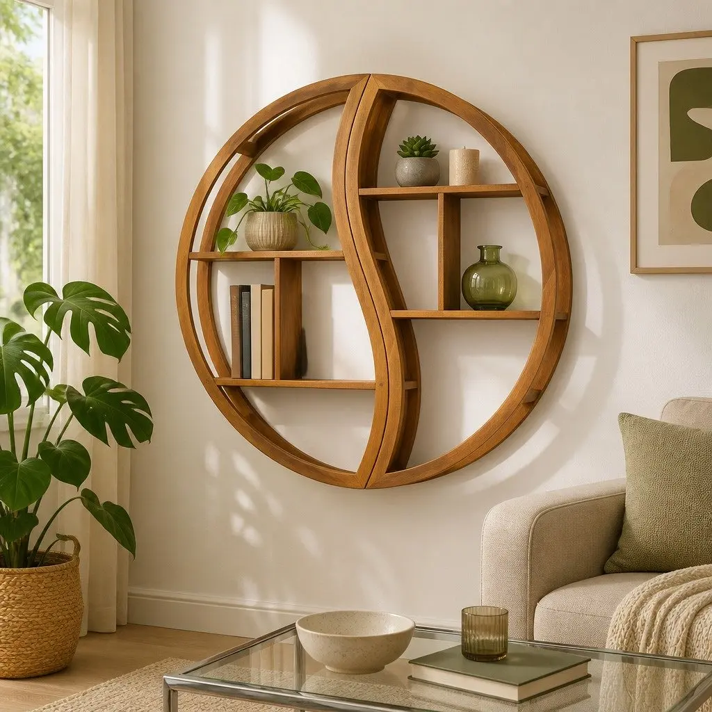 Yin Yang Wall Shelf in Solid Teak
