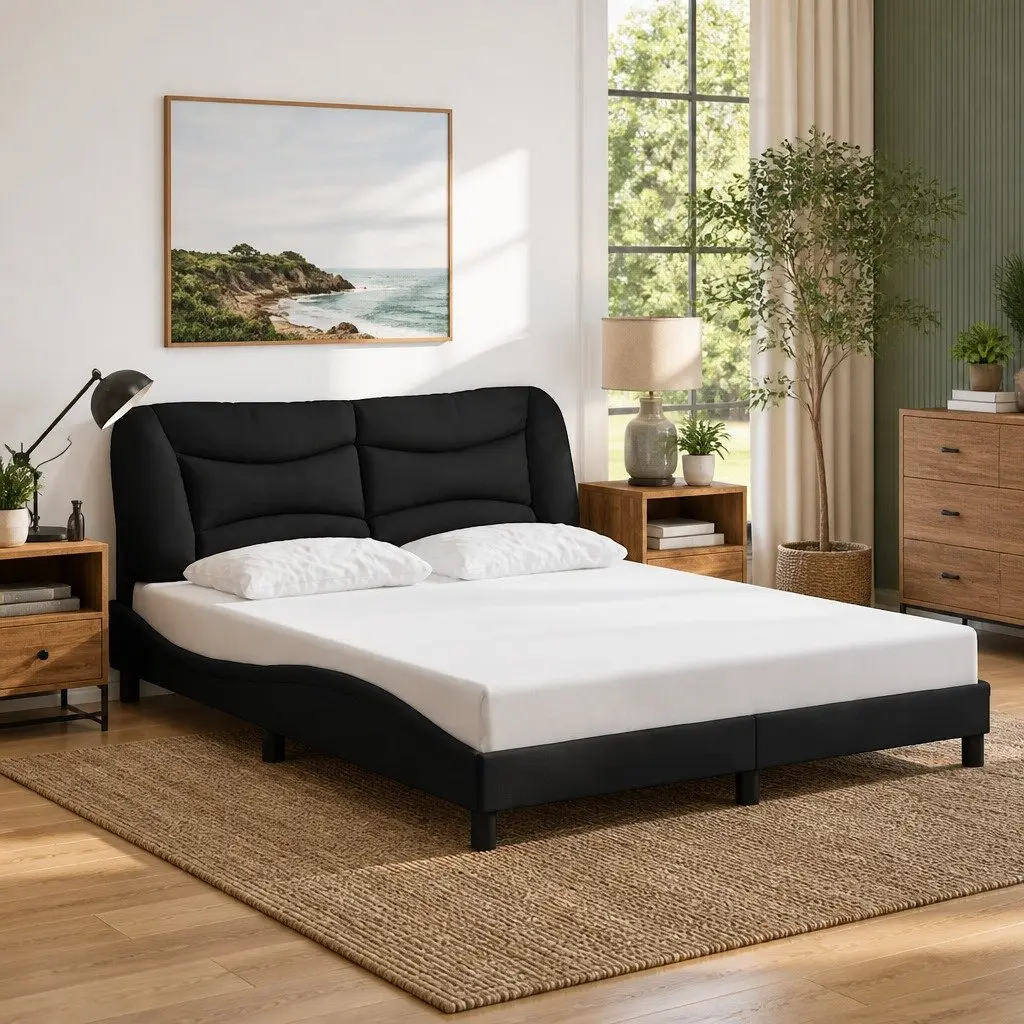 Queen Bed Frame with Plywood Slats Black Fabric Headboard 152x203cm