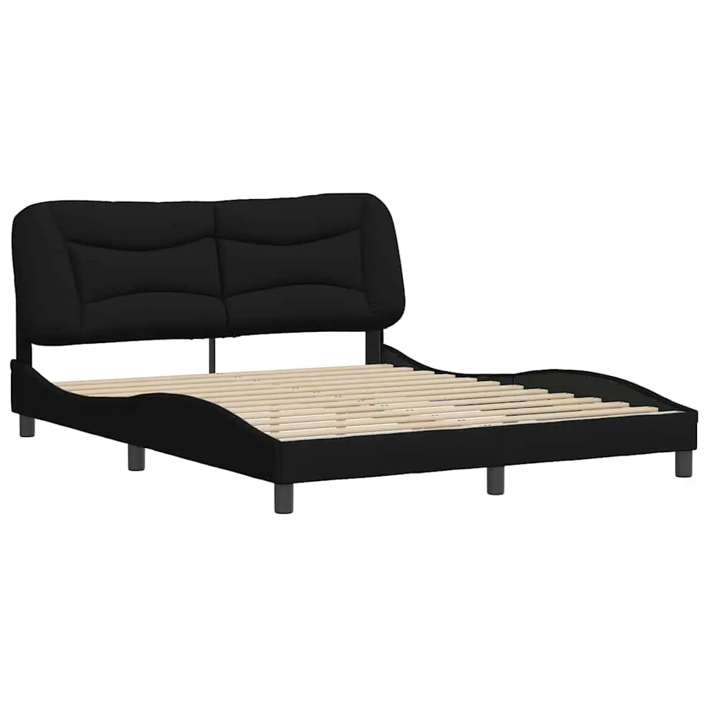 Queen Bed Frame with Plywood Slats Black Fabric Headboard 152x203cm