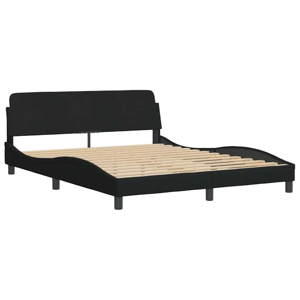 Queen Bed Frame with Plywood Slats Black Fabric Headboard 152x203cm
