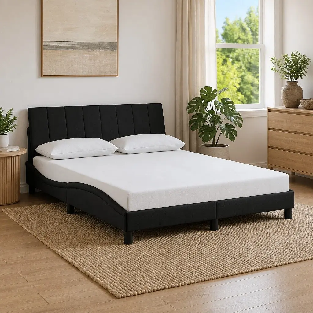 Queen Bed Frame Black Velvet Headboard Upholstered Plywood Slats 152x203cm