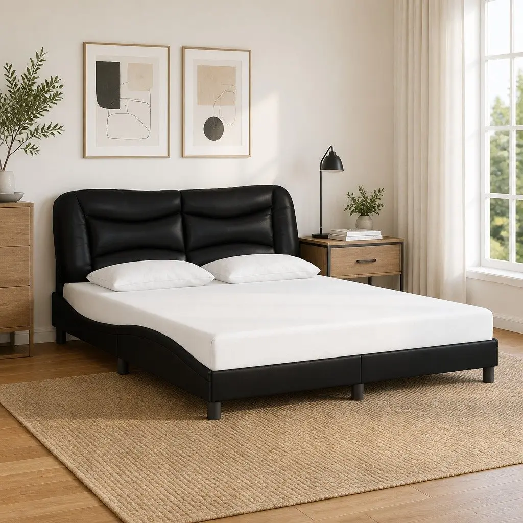 Queen Bed Frame Black Faux Leather Upholstered Headboard 152x203 cm
