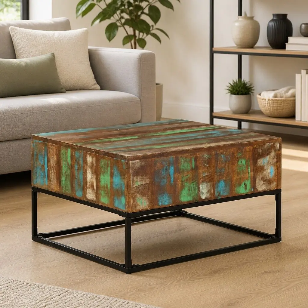 Reclaimed Wood Coffee Table Handmade Brown 68x68x41 cm Sturdy Iron Legs