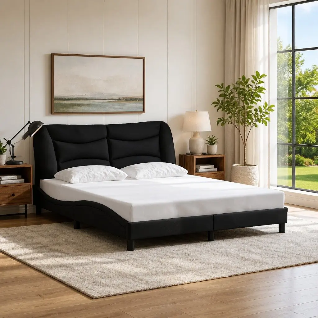 Queen Bed Frame Black Fabric Cushioned Headboard Plywood Slats 152 x 203 cm