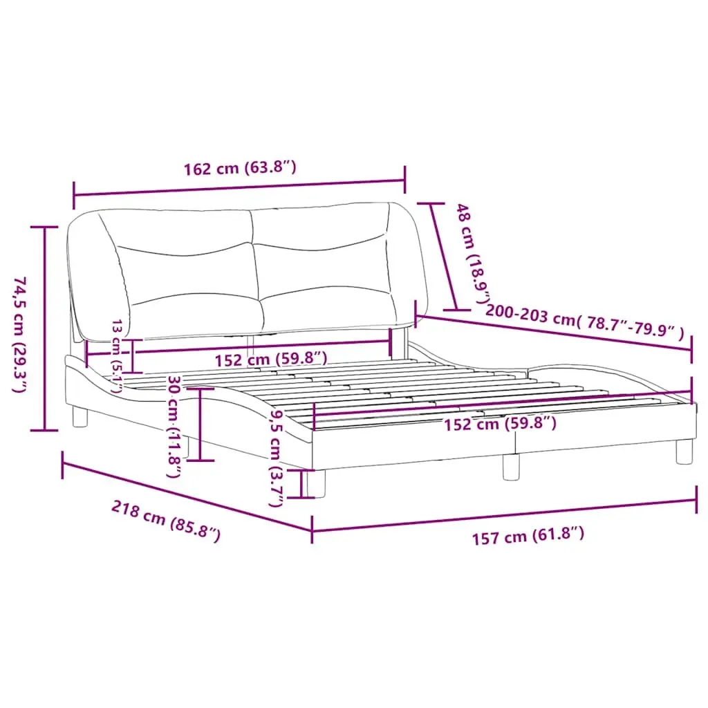 Queen Bed Frame Black Fabric Cushioned Headboard Plywood Slats 152 x 203 cm