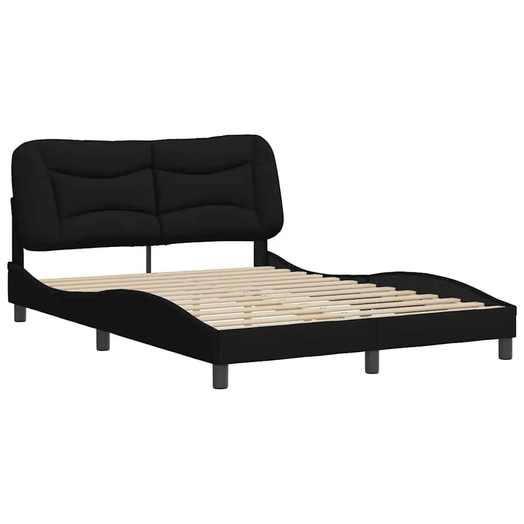 Queen Bed Frame Black Fabric Cushioned Headboard Plywood Slats 152 x 203 cm