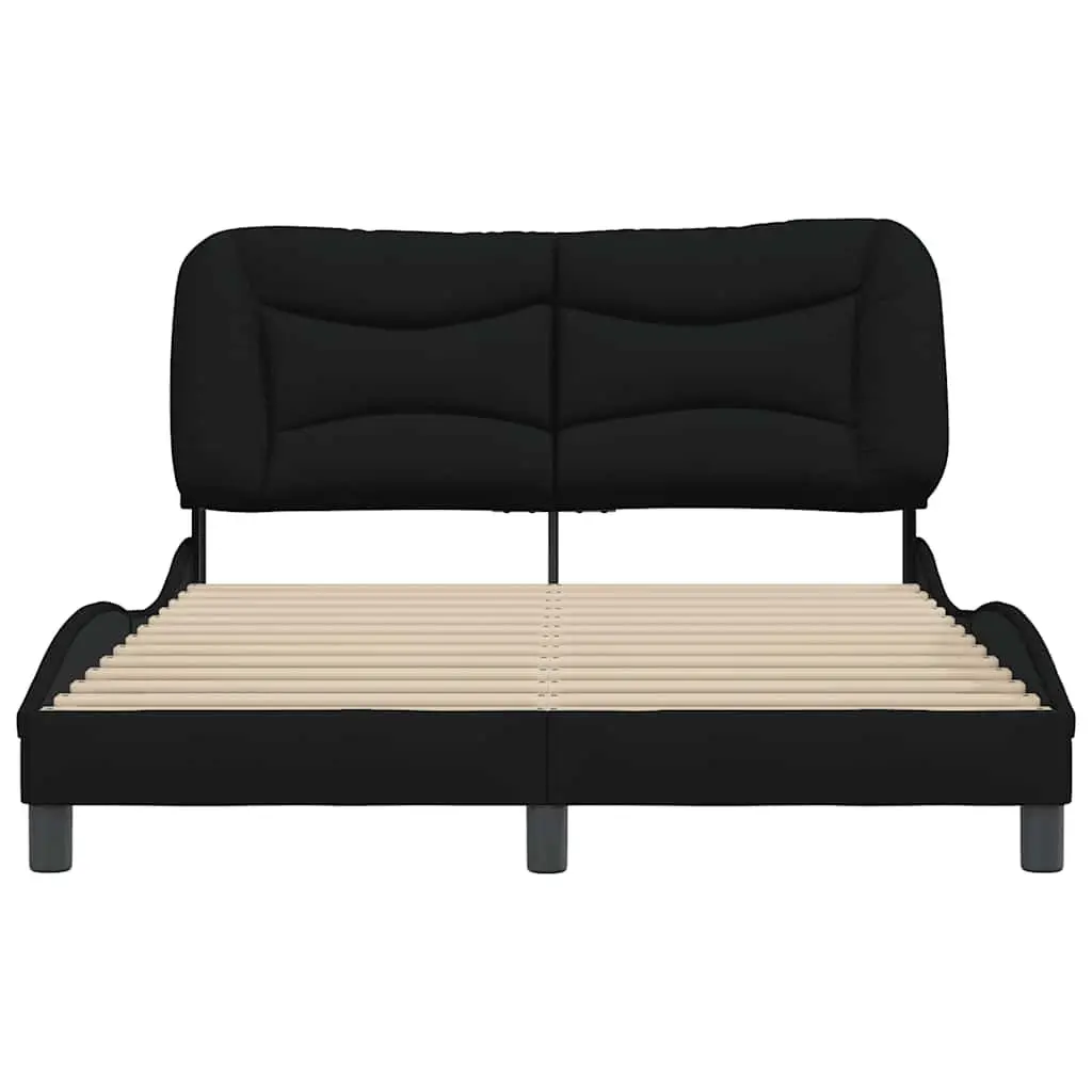 Queen Bed Frame Black Fabric Cushioned Headboard Plywood Slats 152 x 203 cm