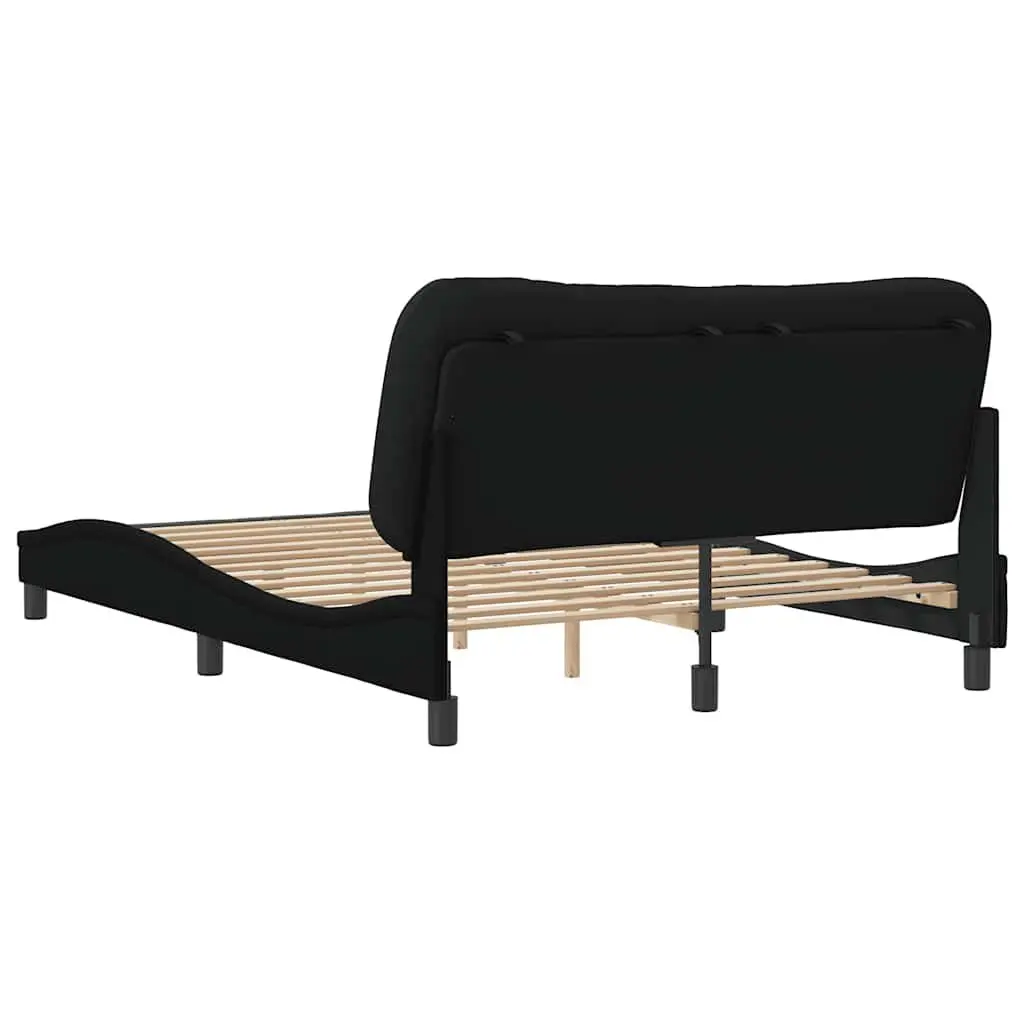 Queen Bed Frame Black Fabric Cushioned Headboard Plywood Slats 152 x 203 cm