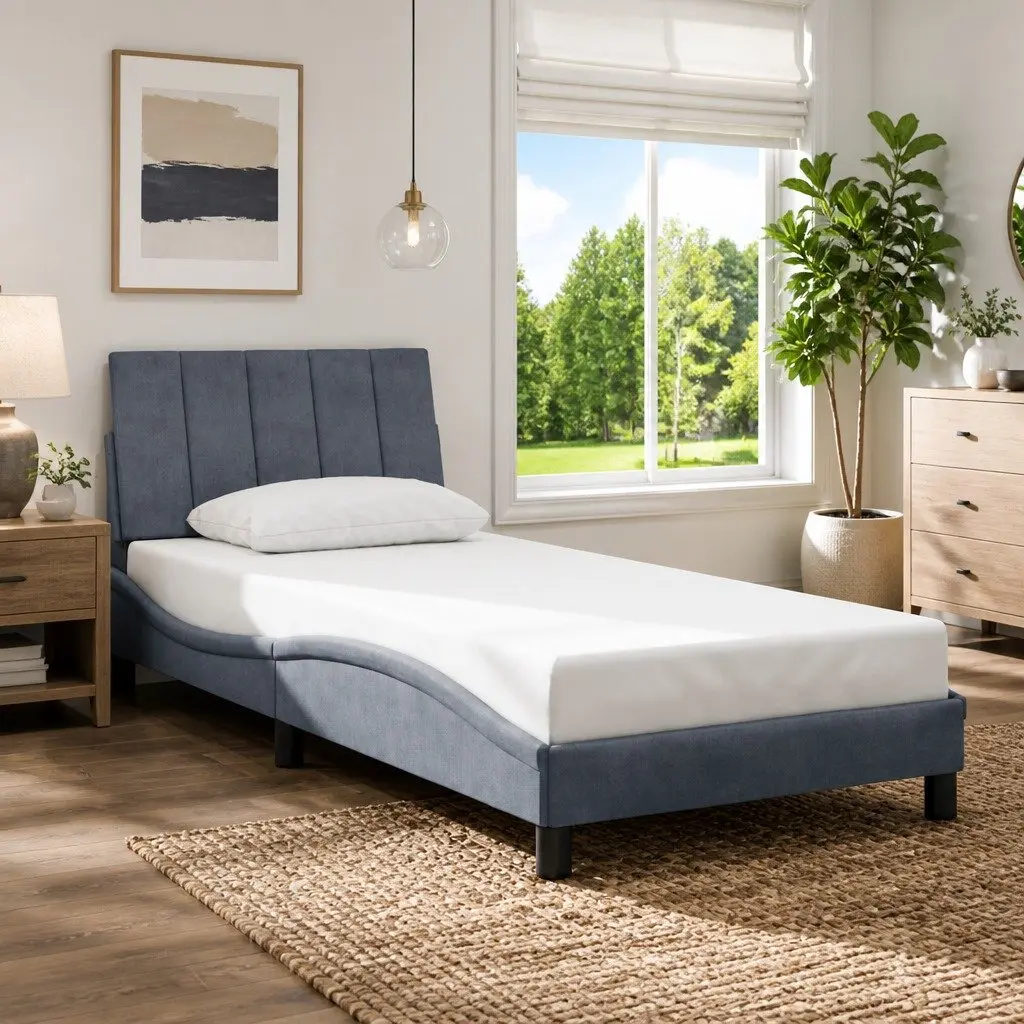 Grey Velvet Bed Frame 90x190 cm with Foam-Filled Headboard and Slatted Base for Bedroom Comfort