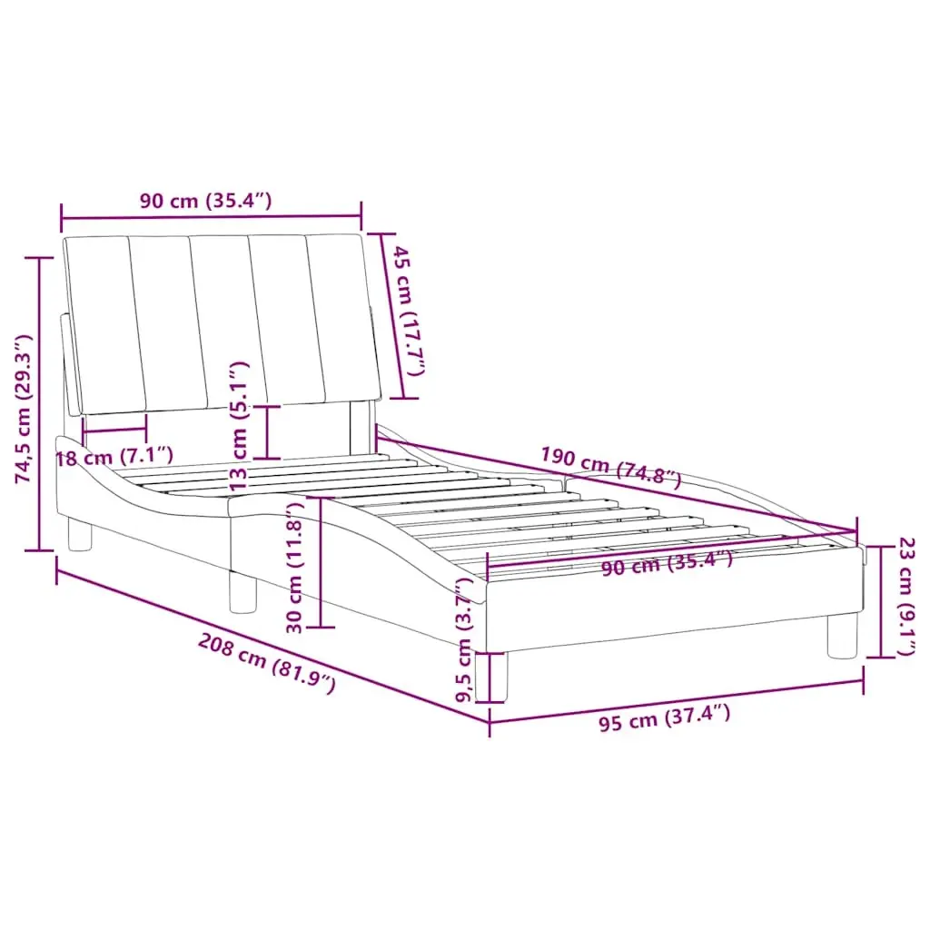 Grey Velvet Bed Frame 90x190 cm with Foam-Filled Headboard and Slatted Base for Bedroom Comfort