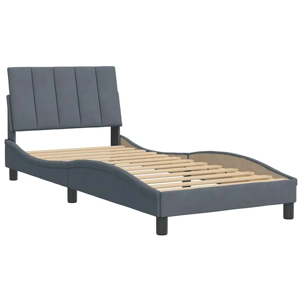 Grey Velvet Bed Frame 90x190 cm with Foam-Filled Headboard and Slatted Base for Bedroom Comfort