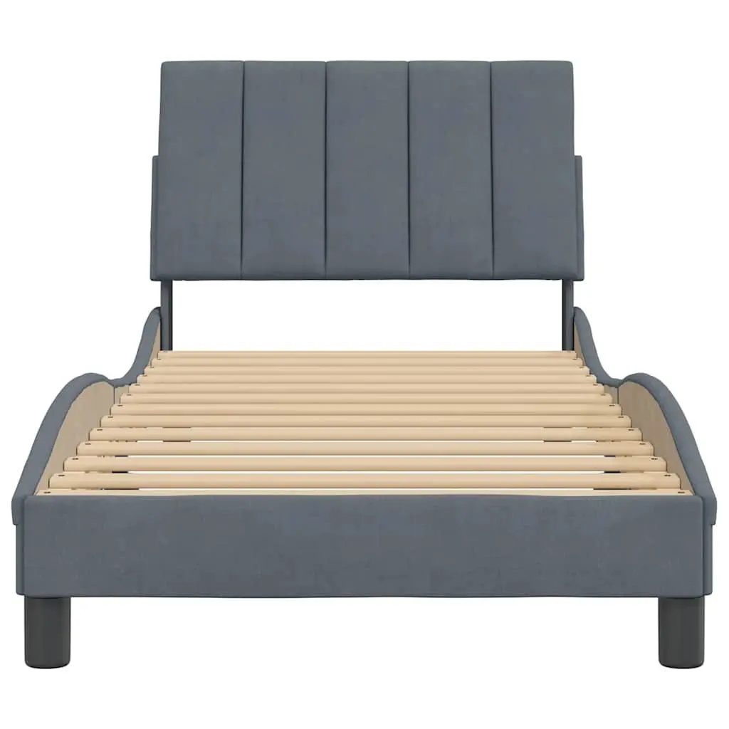 Grey Velvet Bed Frame 90x190 cm with Foam-Filled Headboard and Slatted Base for Bedroom Comfort