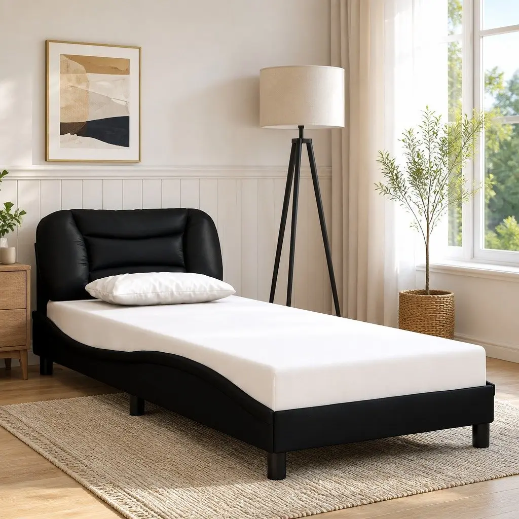 Bed Frame Black Faux Leather Upholstered Headboard 90x190 cm Slatted Base