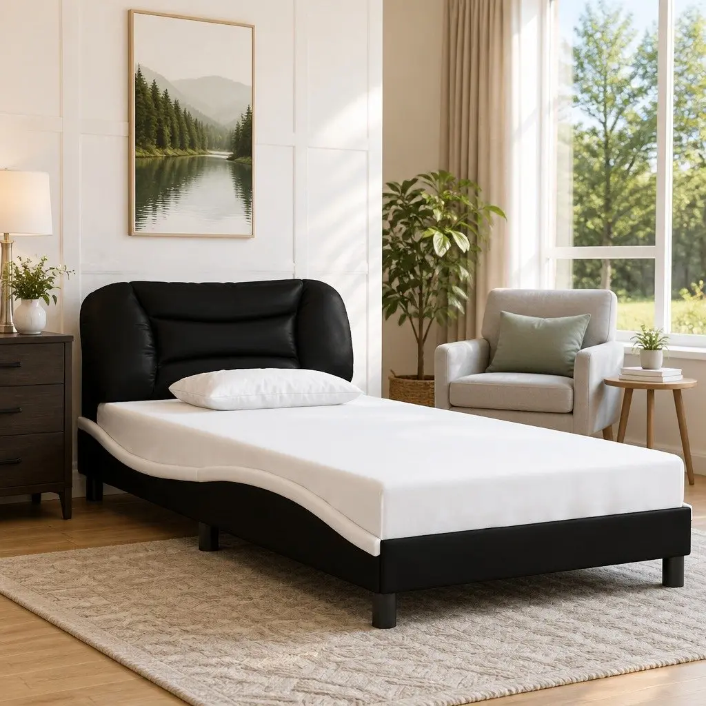 King Single Bed Frame Faux Leather White Black 107x203cm
