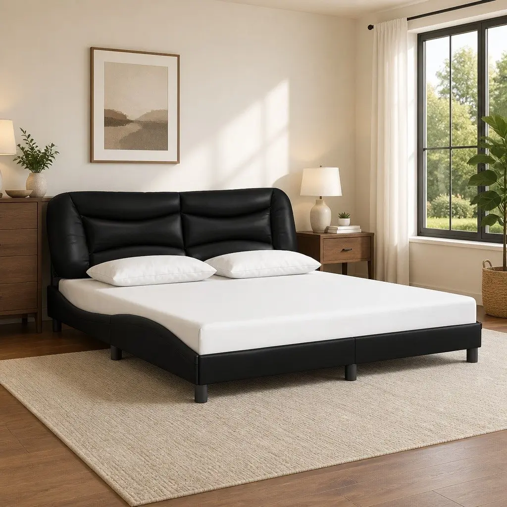 King Bed Frame Faux Leather Cushioned Headboard 180x200cm Black