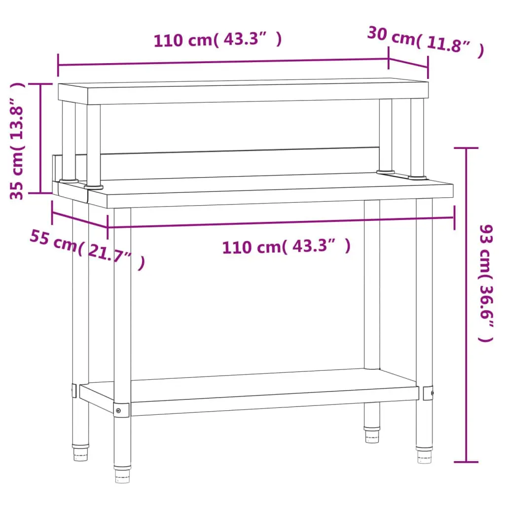 Stainless Steel Kitchen Work Table with Overshelf and Bottom Shelf 110 x 55 x 120 cm