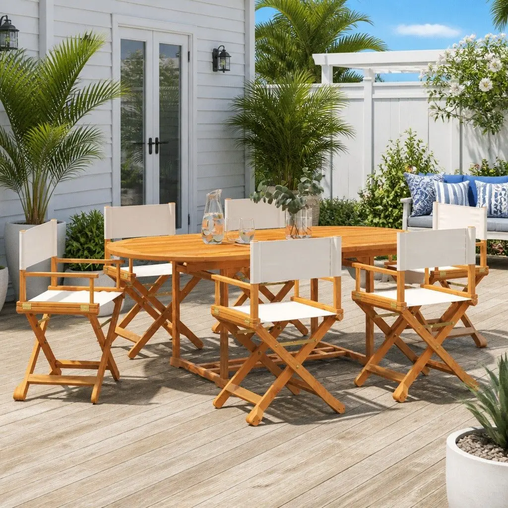 Folding Garden Chairs Cream Fabric Portable Outdoor Seating Set of 6