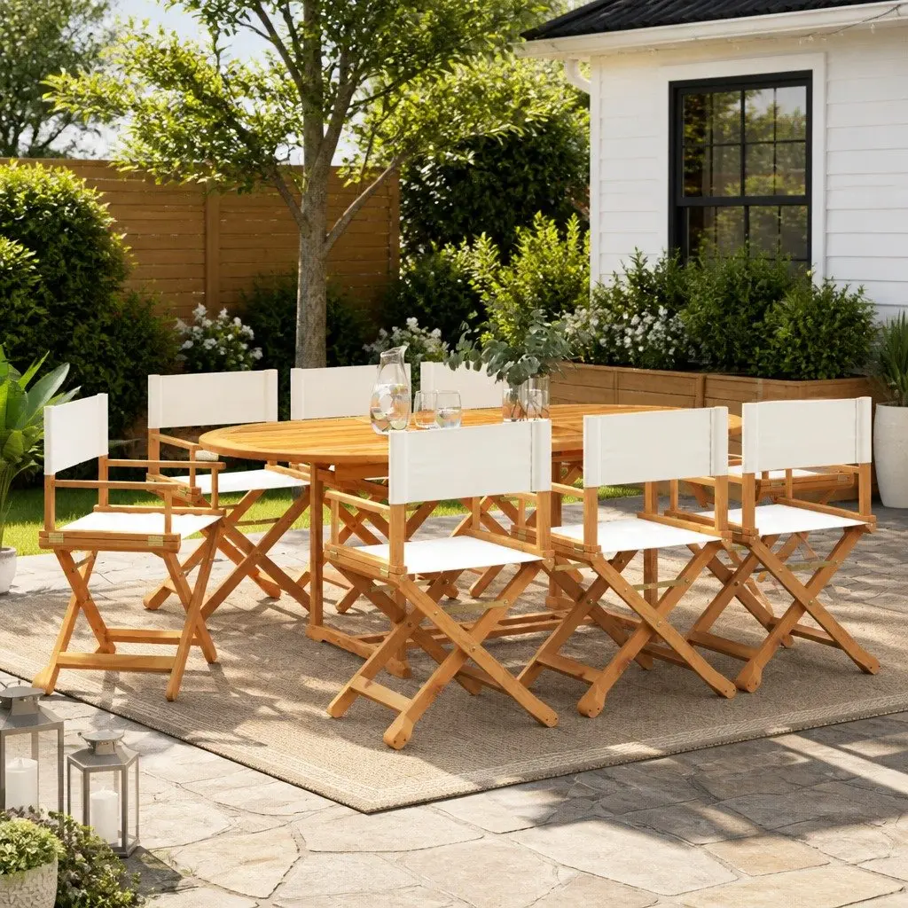 Folding Garden Chairs Set of 8 Cream Fabric Lightweight Director Style