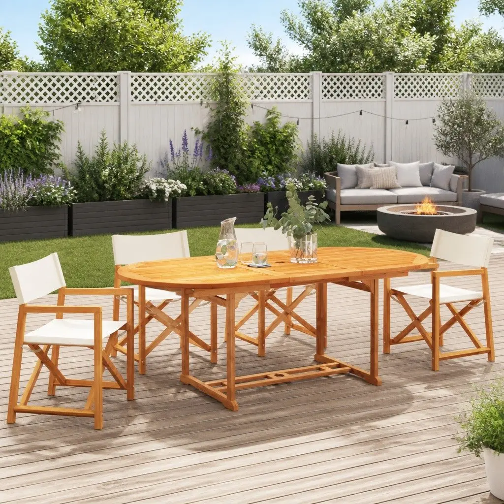 Folding Garden Chairs Lightweight Cream Fabric Acacia Wood Frame 4 Piece Set