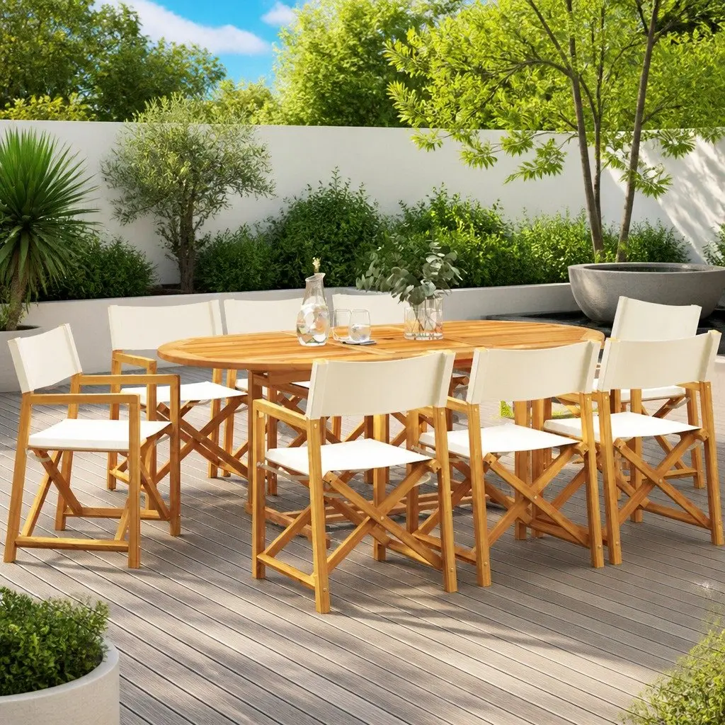 Folding Garden Chairs Set of 8 Cream Fabric Lightweight Sturdy Acacia Wood Frame