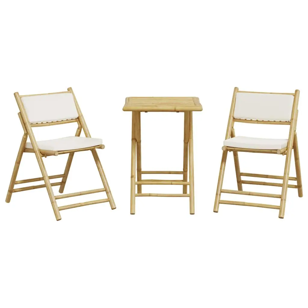 Folding Bistro Set Bamboo 3 Piece Outdoor Garden Furniture with Cushions
