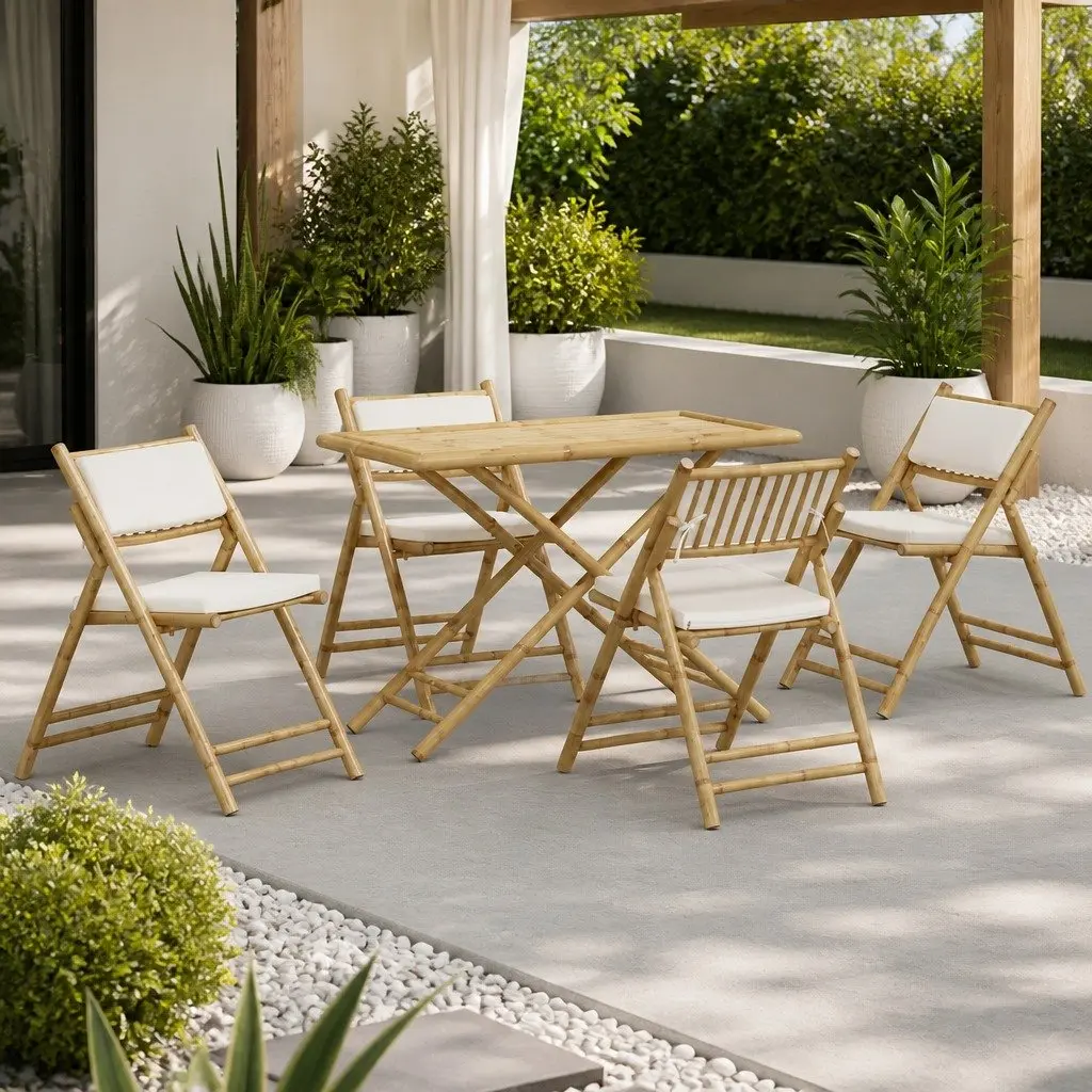 Bistro Set 5 Piece Folding Bamboo Garden Furniture with Cushions Brown