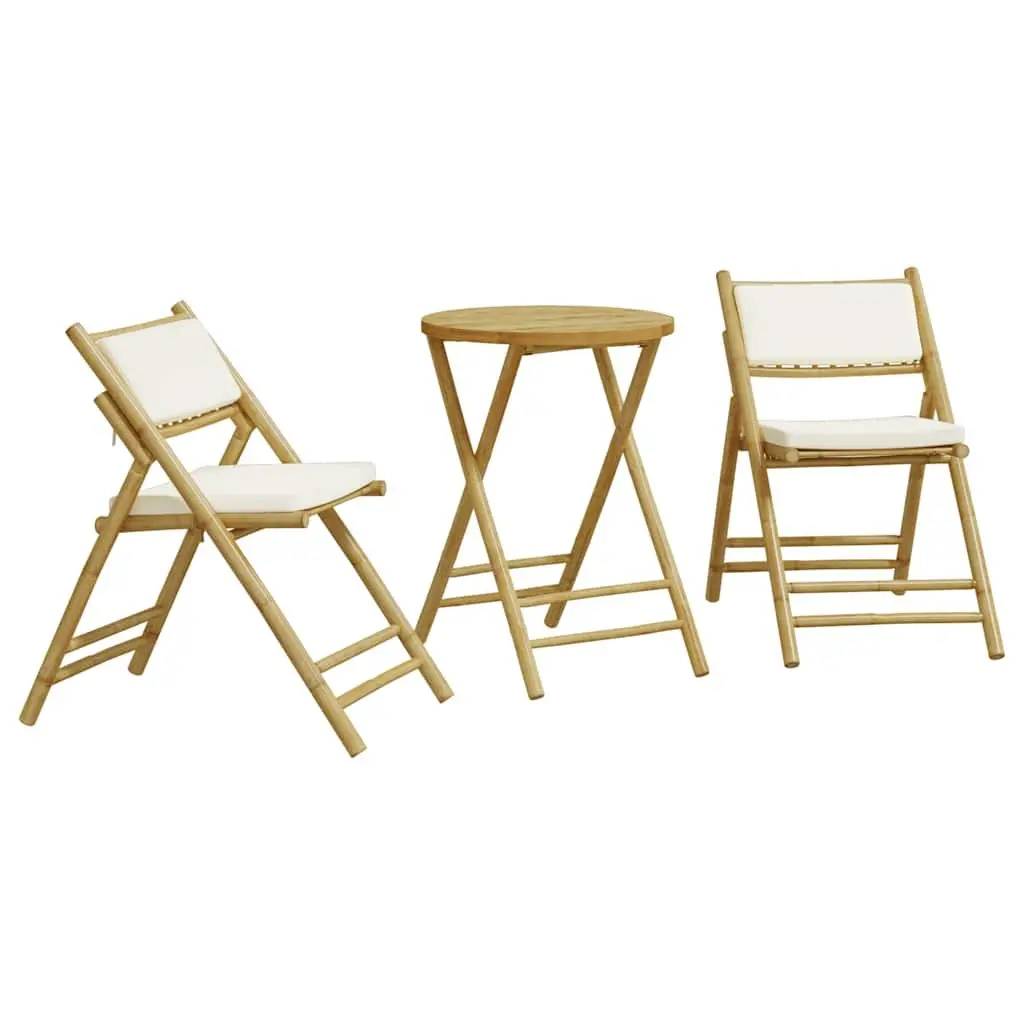 Folding Bistro Set Bamboo Frame Padded Cushions 3 Piece