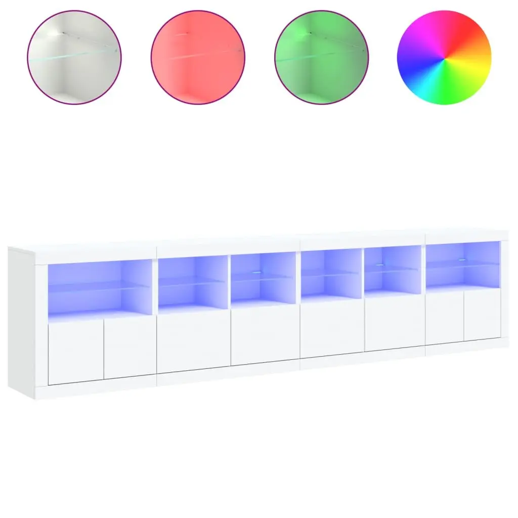 White Sideboard with RGB LED Lights Modern Storage Cabinet 283x37x67 cm