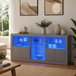 White Sideboard Storage Cabinet with RGB LED Lights Modern Buffet 162x37x67cm
