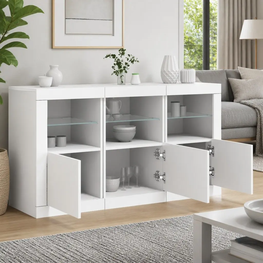 Sideboard with RGB LED Lights Modern White Storage Cabinet 123L x 37D x 67H cm