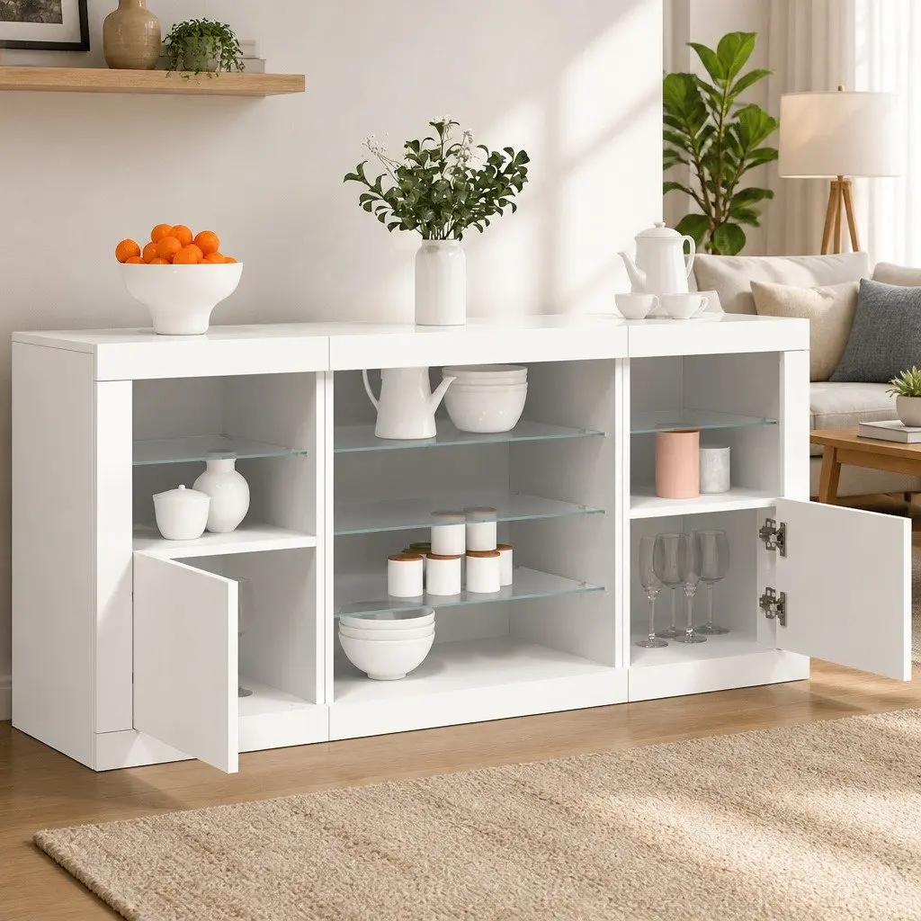 White Sideboard Modern Storage Cabinet with RGB LED Lights 142.5 x 37 x 67 cm