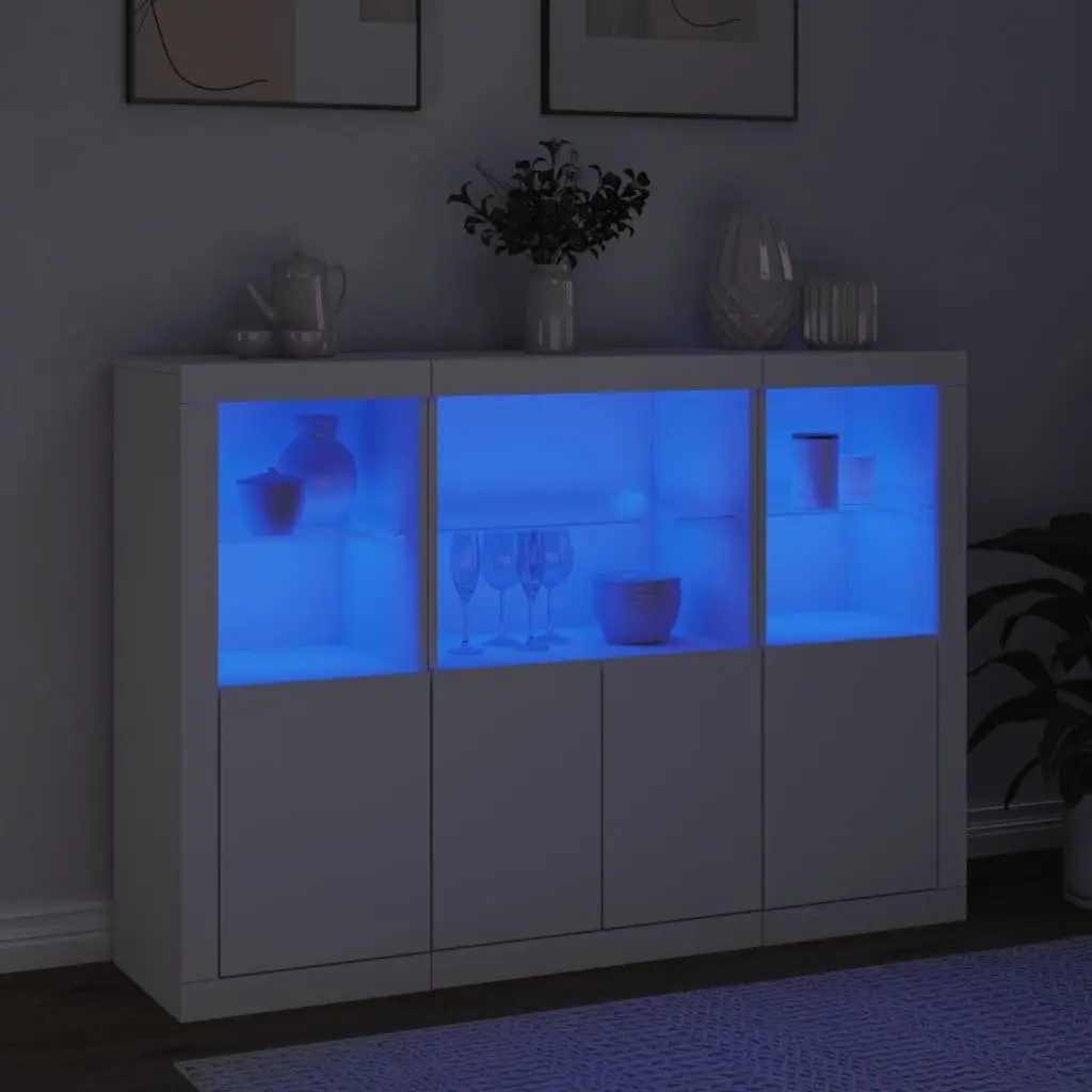 Sideboards with RGB LED Lights 3 Pieces White Storage Cabinet Buffet Furniture