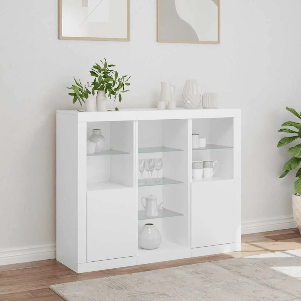 Sideboard Cabinets RGB LED Lights White Storage Furniture 3 Piece Set