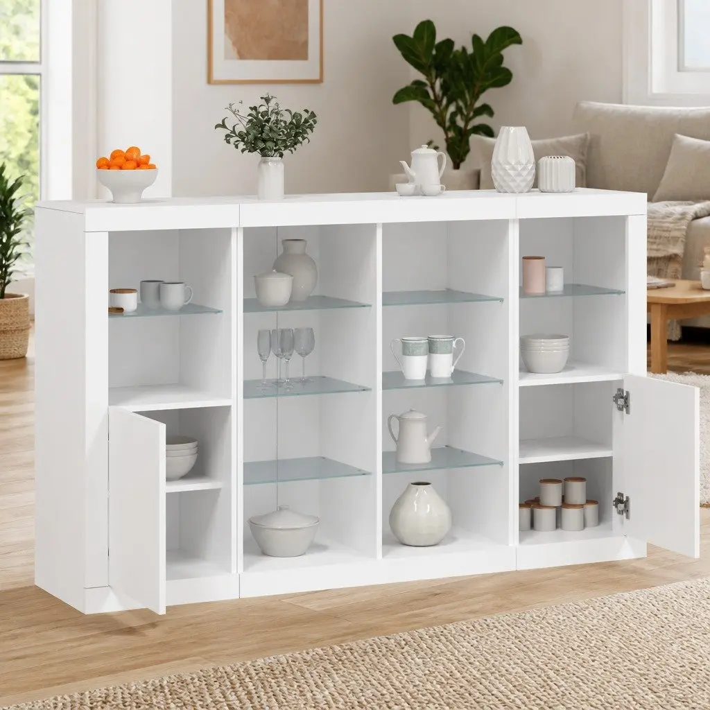 Sideboards with RGB LED Lights 3 Piece Set White Engineered Wood Storage Cabinets