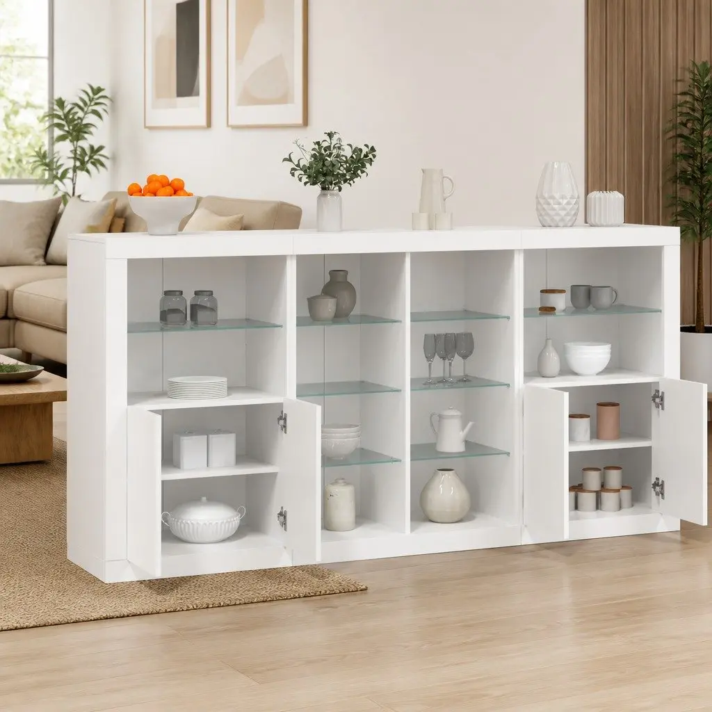 Sideboard Cabinet with RGB LED Lights Modern White 202 x 37 x 100 cm