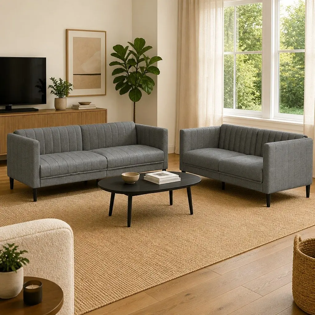 Grey Fabric 2 Piece Sofa Set