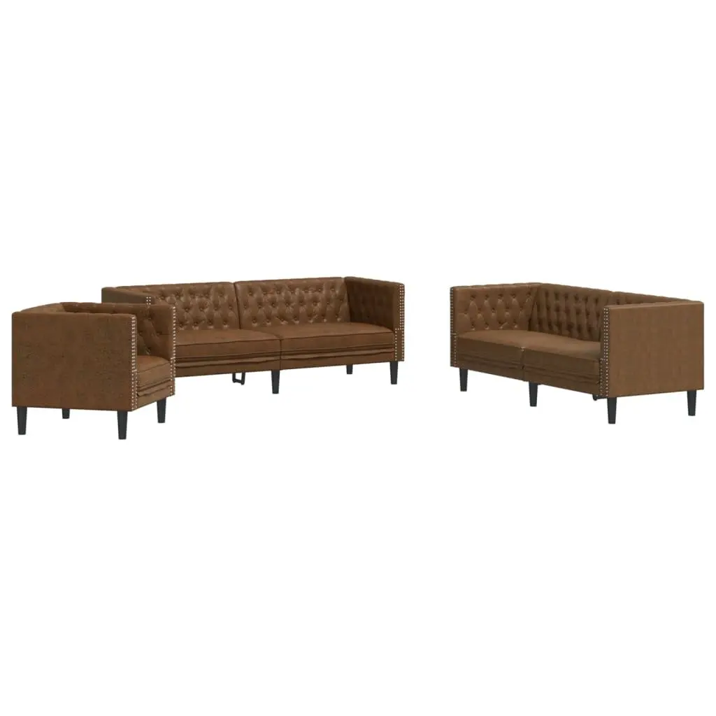 Chesterfield Sofa Set Brown Faux Suede 3 Piece Button Tufted