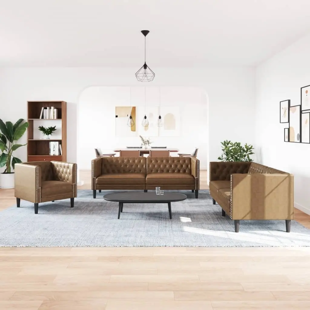 Chesterfield Sofa Set Brown Faux Suede 3 Piece Button Tufted