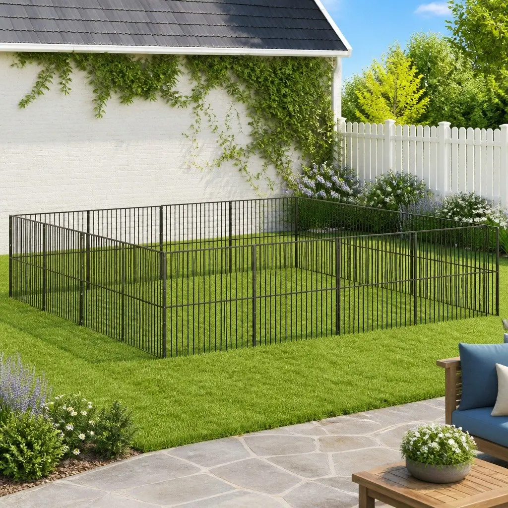 Dog Playpen 16 Panels Black Galvanised Steel Pet Exercise Enclosure Puppy Pen
