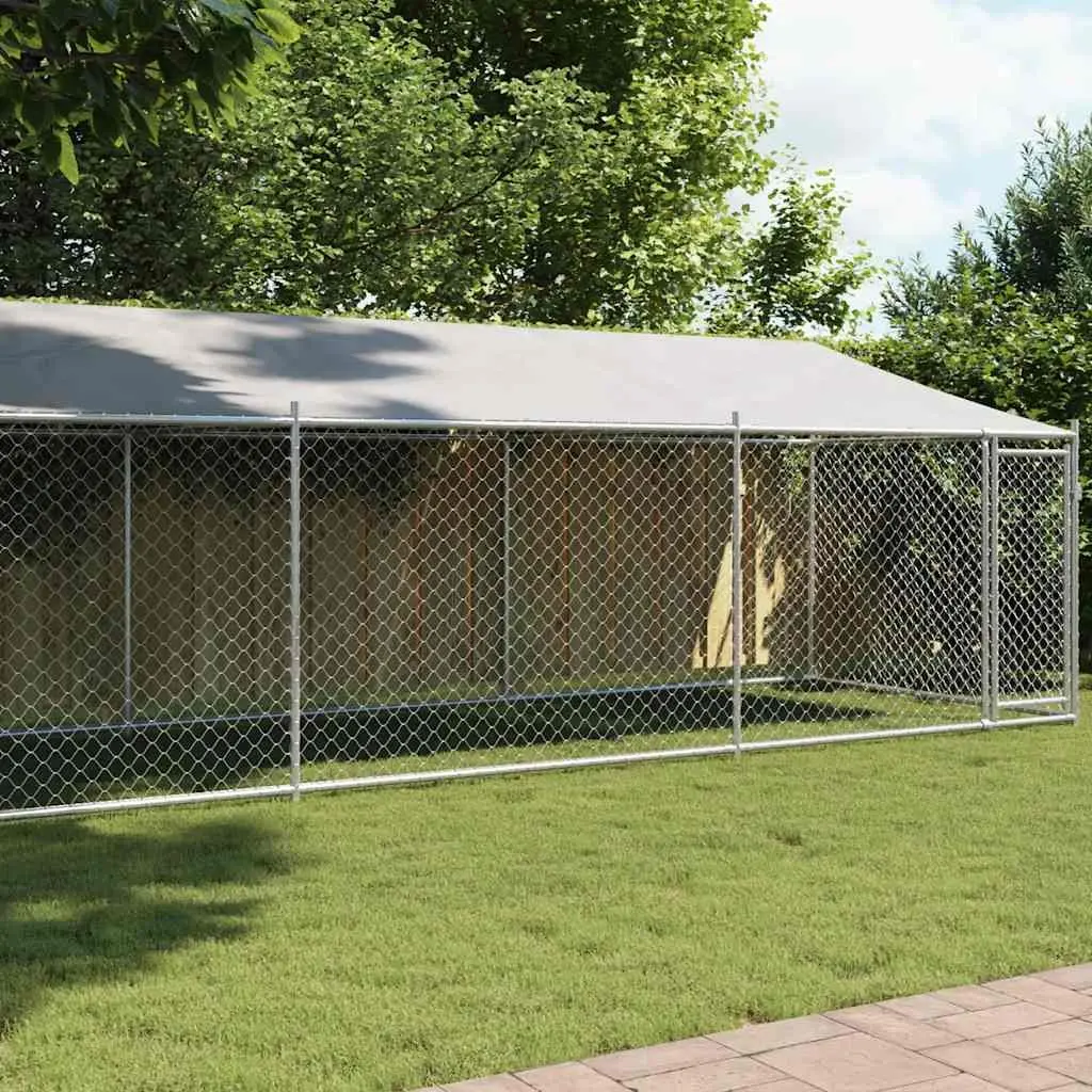 Dog Kennel Galvanised Steel Outdoor Run with Roof and Lockable Door Grey 8 x 2 x 2 m
