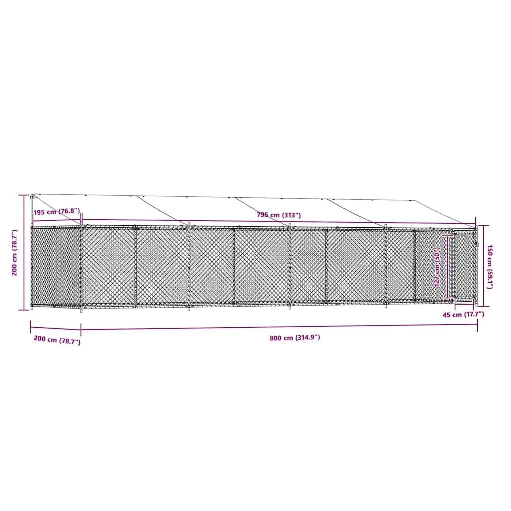 Dog Kennel Galvanised Steel Outdoor Run with Roof and Lockable Door Grey 8 x 2 x 2 m